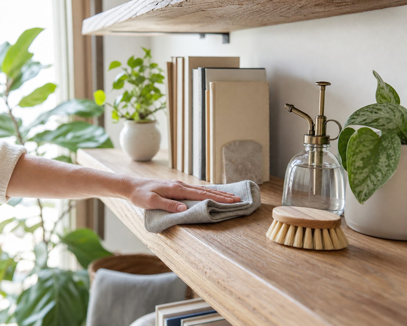 Dusting an office shelf with a cloth using fragrance-free supplies