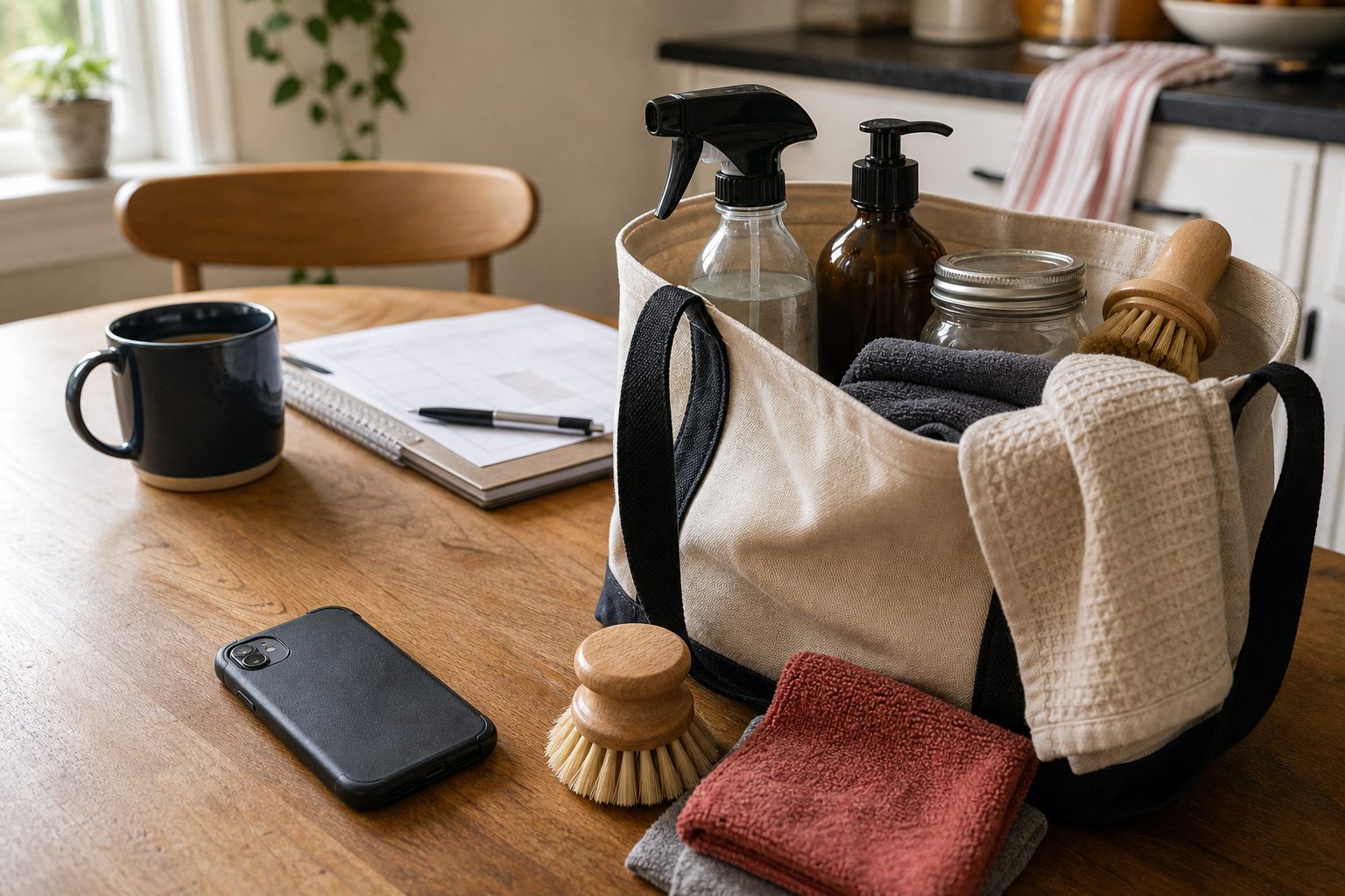 A canvas tote of cleaning supplies, a notepad, a pen and a coffee mug on a kitchen table