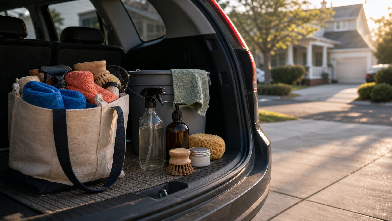 A cleaning supply kit packed in a car trunk: spray bottles, folded cloths and a caddy