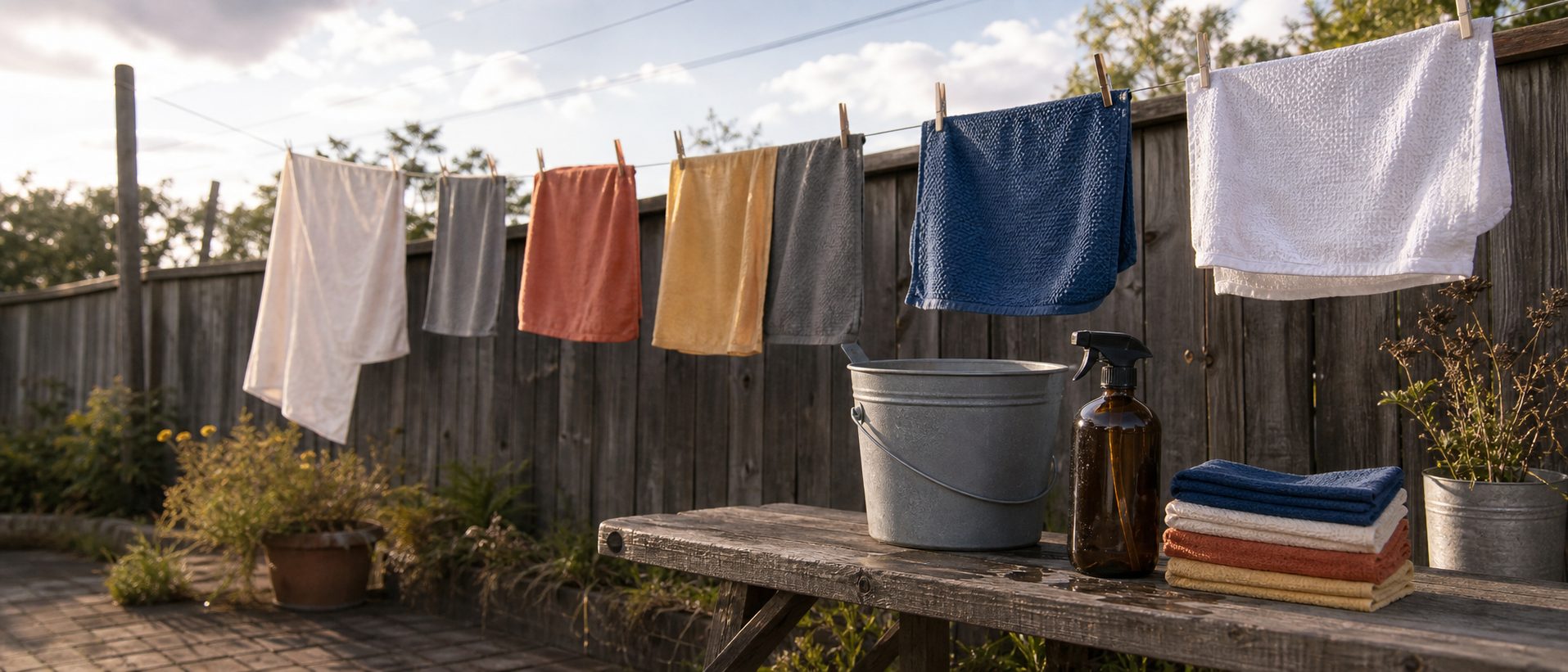 Clean cloths hung outside to dry on a line in the sun