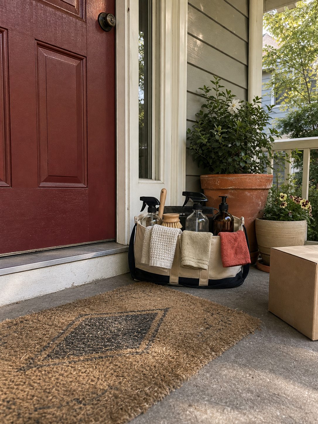 A cleaning caddy of fragrance-free supplies waiting on a home's front porch