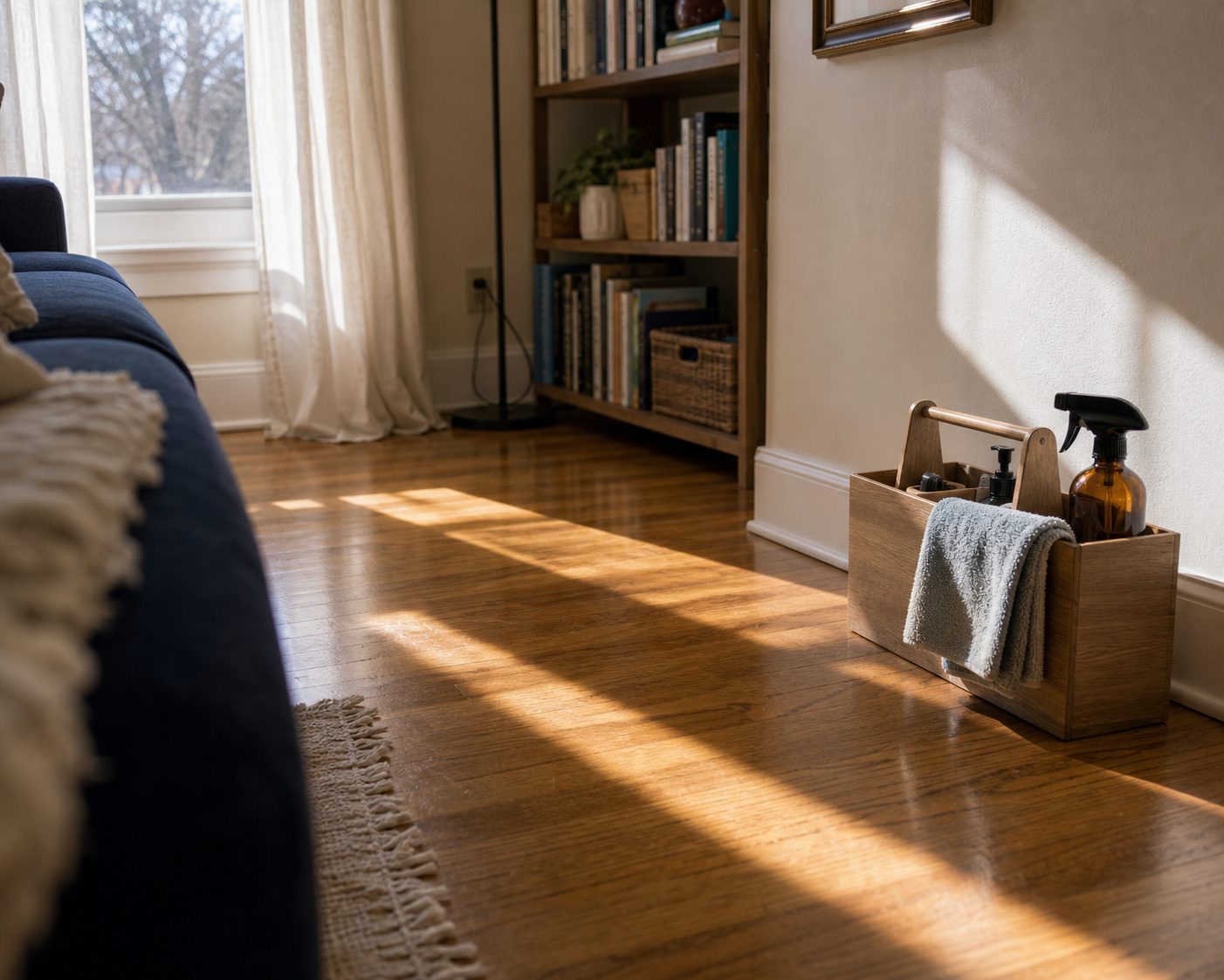 Sunlight falling across a freshly cleaned living room floor