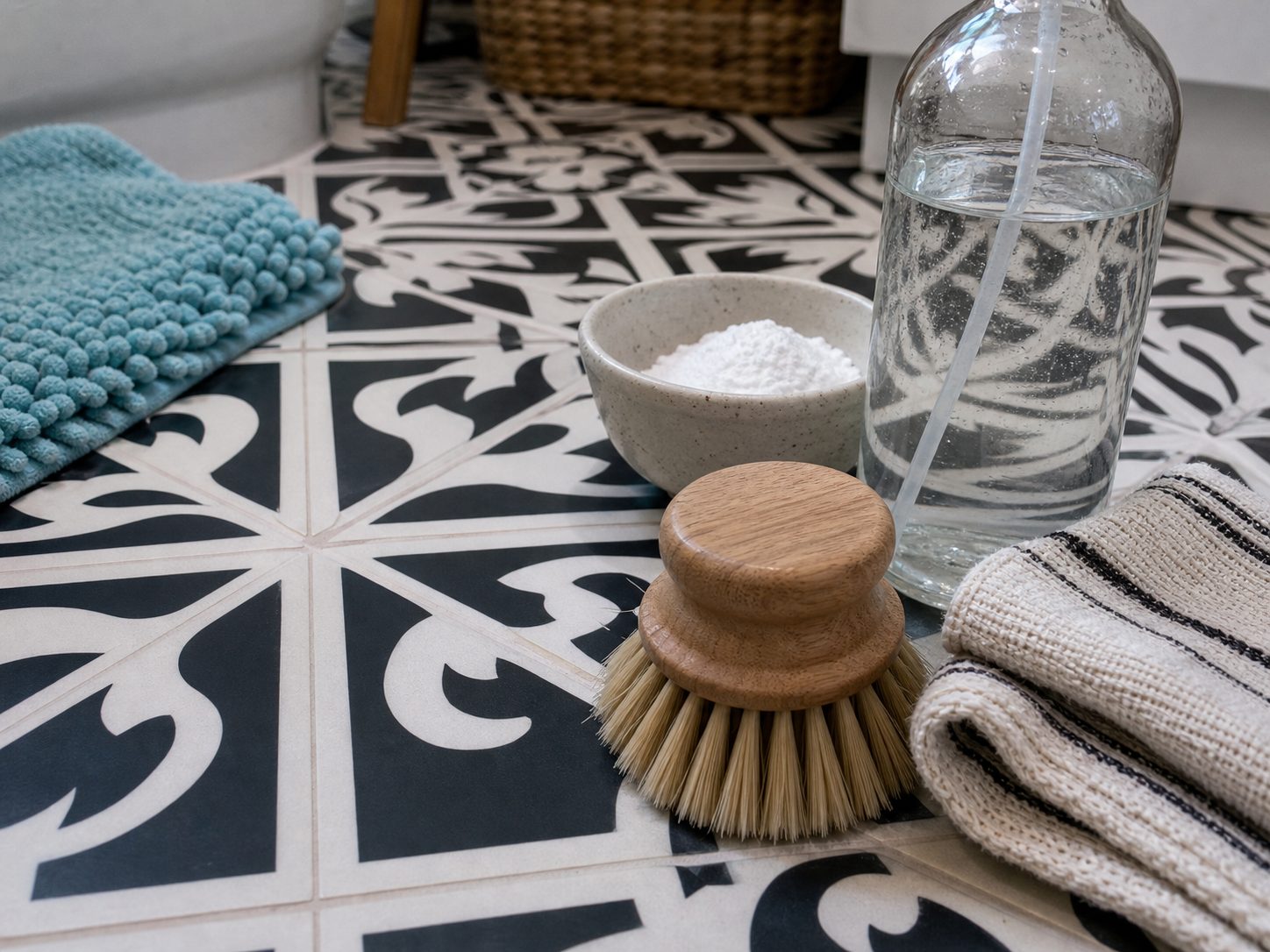 Scrubbing tile grout with a brush during a deep clean