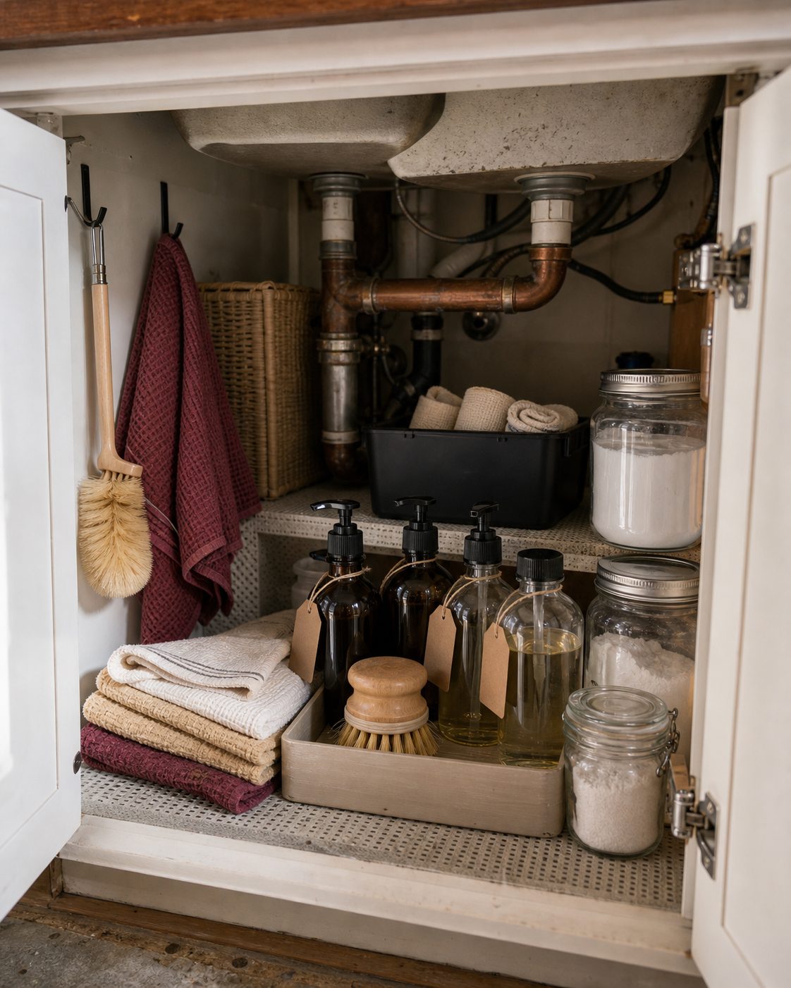 Amber and clear glass refill bottles with paper tags, a wooden brush, cloths and mason jars of powder stored in an open cabinet under a sink