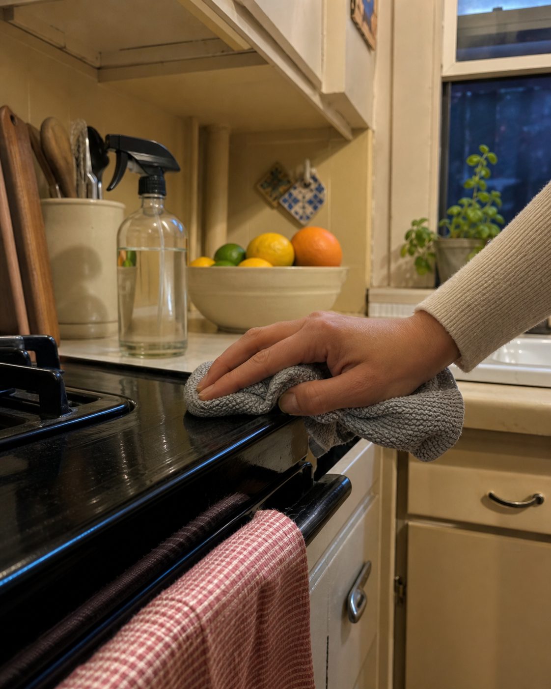 Wiping down an apartment stovetop with a cloth and a refillable spray bottle