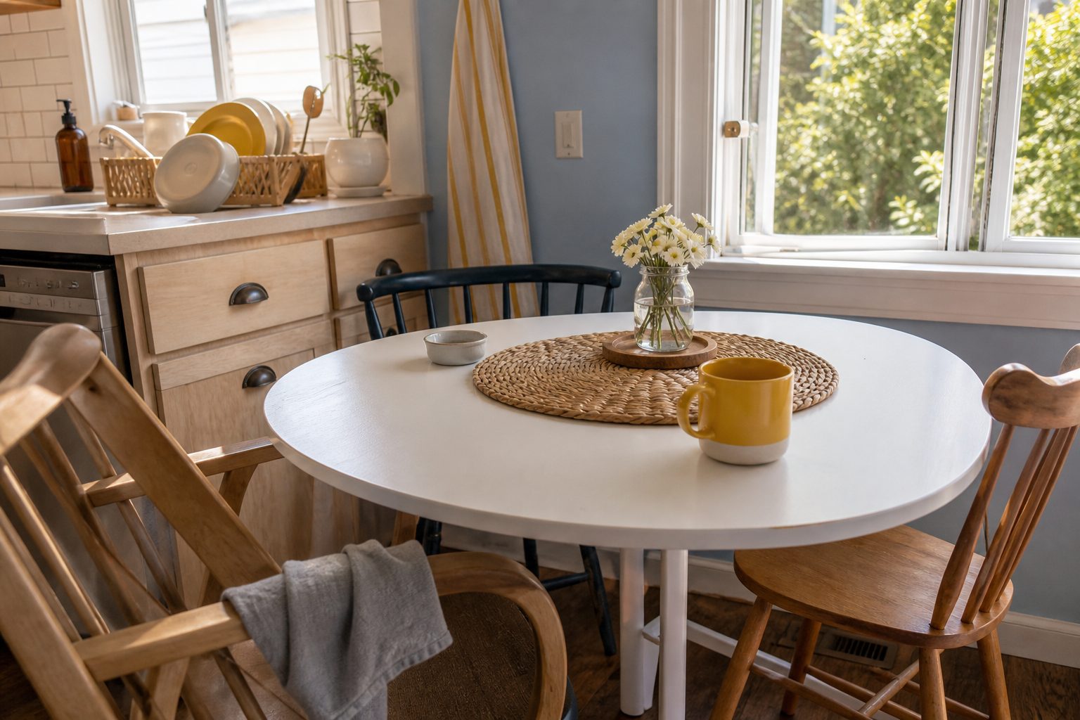 A reset breakfast nook with a clean table and wiped surfaces