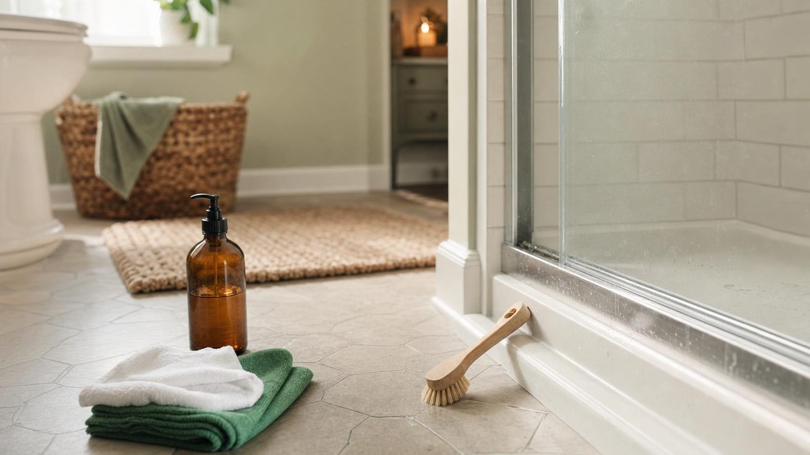 A bathroom mid deep clean, with a small brush working the shower door track and folded microfiber cloths and a refillable amber bottle on the floor nearby