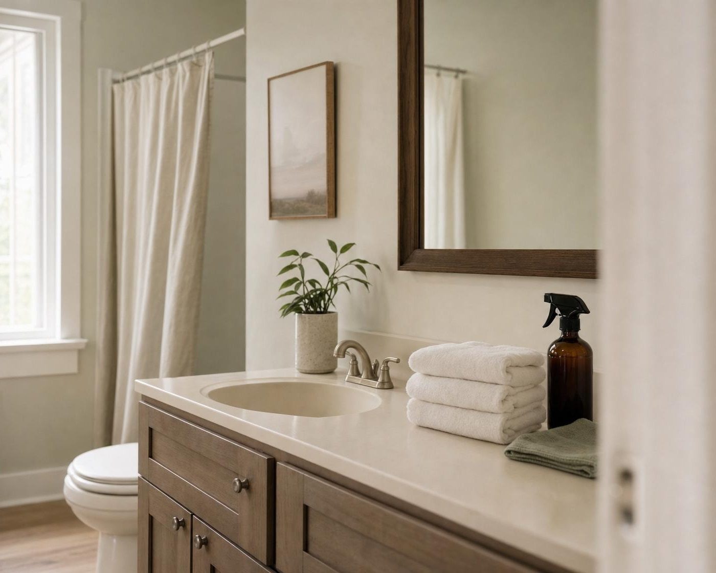 A rental bathroom counter with clean folded towels, a wiped mirror and sink, and a refillable amber spray bottle
