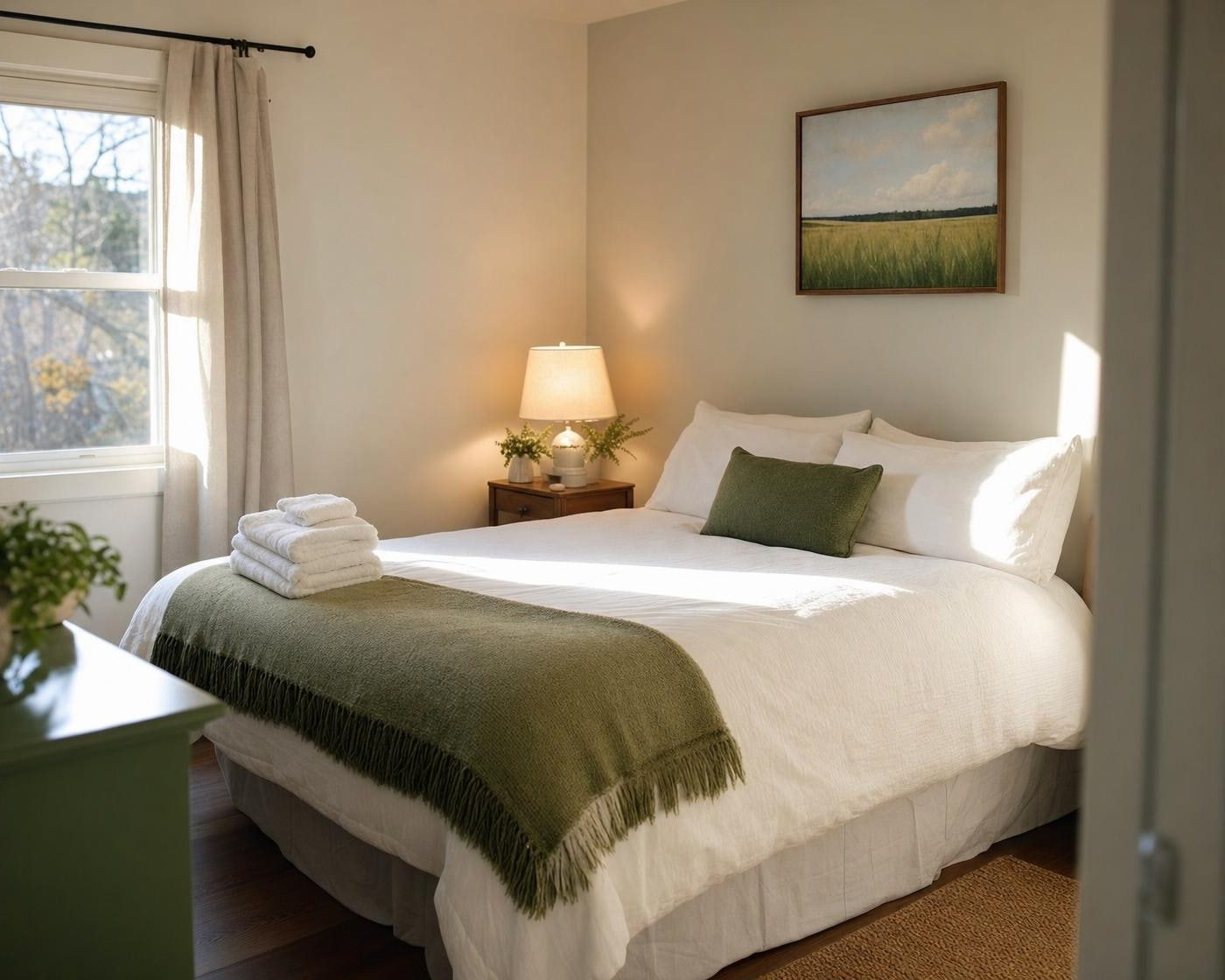 A small rental bedroom made up with fresh white bedding and folded towels on the bed