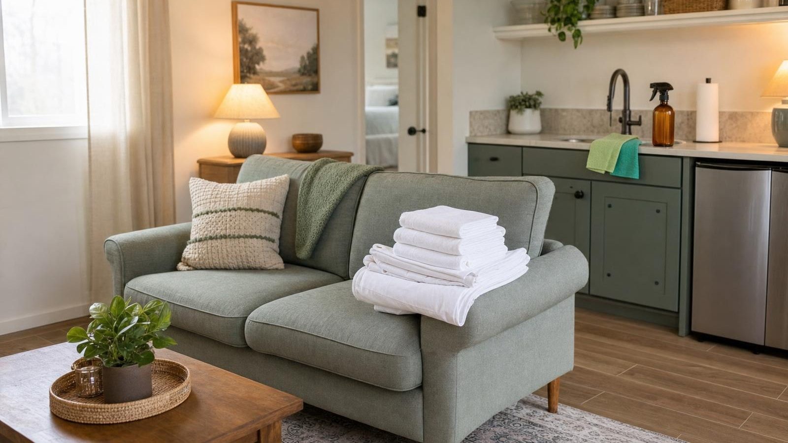 A small rental living room and kitchenette reset between guests, with folded linens and towels stacked on the sofa