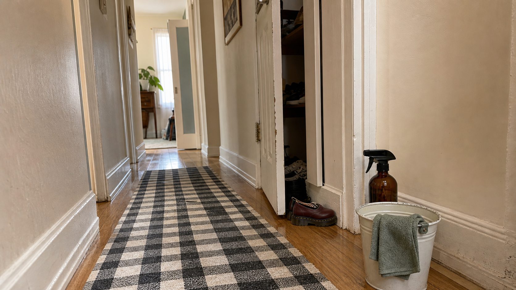 Clean hallway baseboards and trim after a deep clean