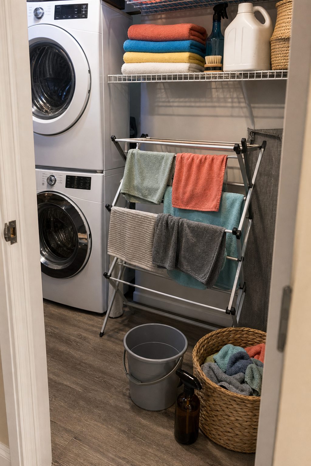 A tidy laundry closet with folded cloths and a fragrance-free detergent bottle