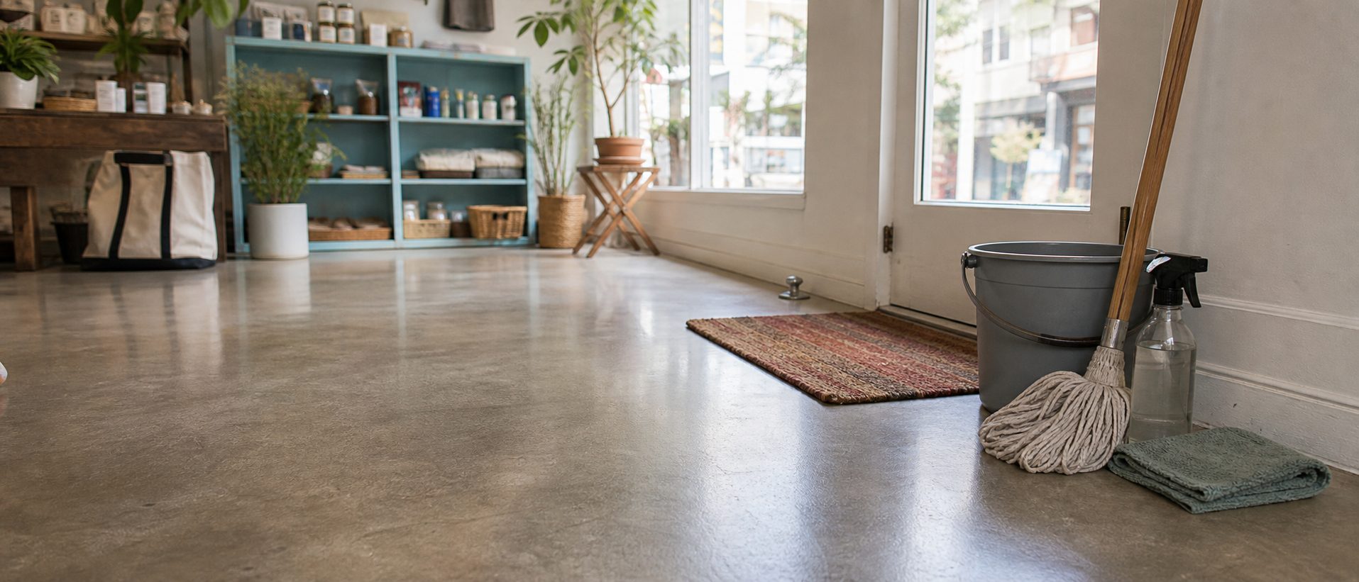 A tidy small retail entryway with clean floors and wiped surfaces