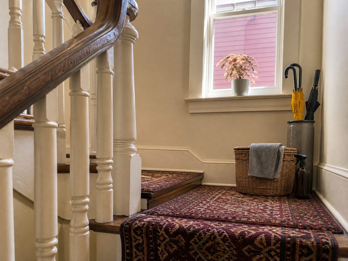 A freshly cleaned stair landing and banister in a Crawford County home