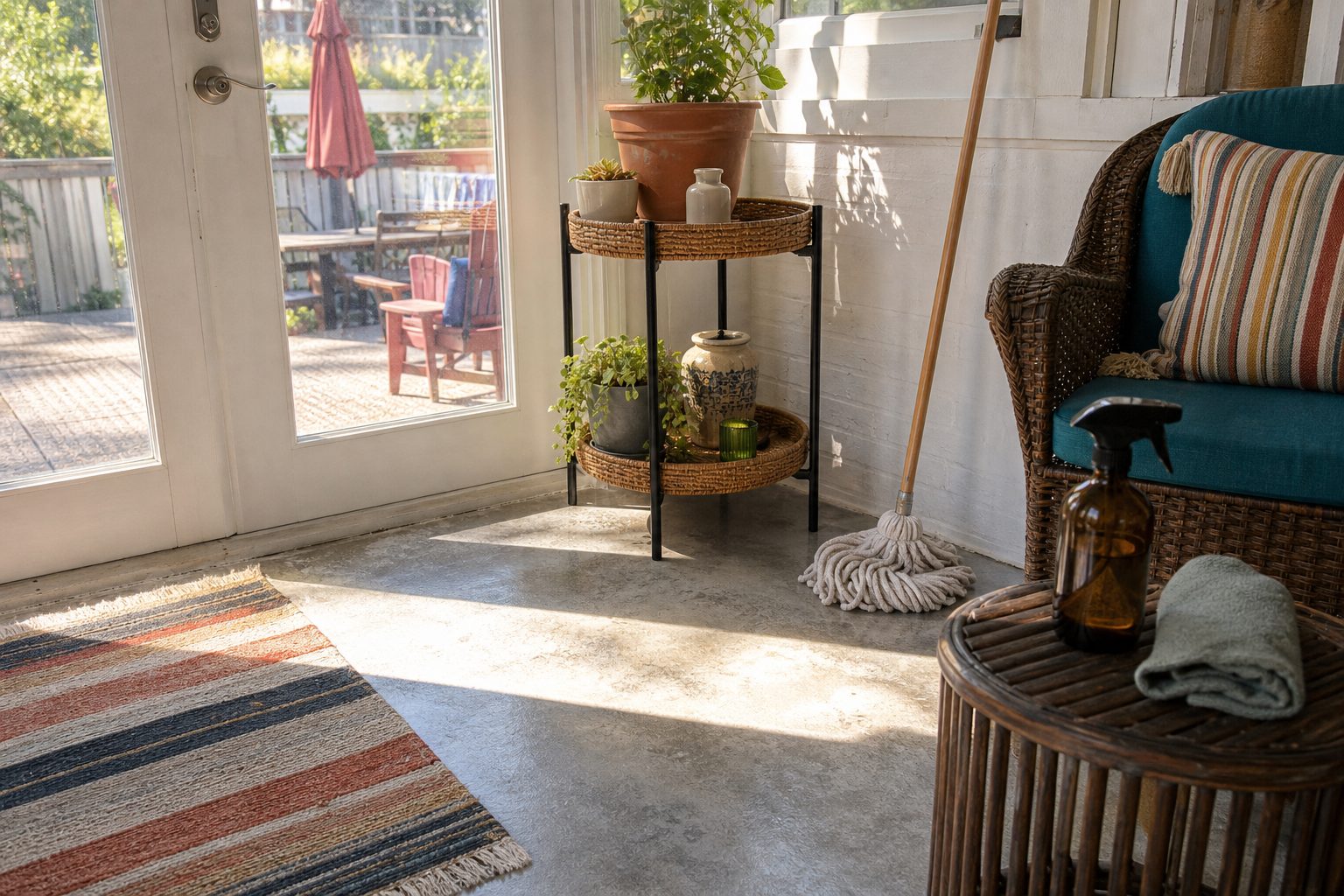 A sunroom floor being reset and dried out with a cloth and a spray bottle nearby
