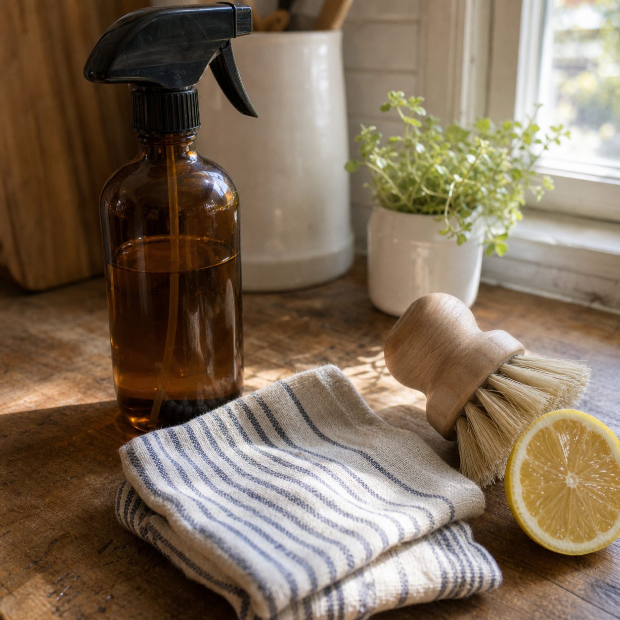 An amber glass spray bottle on a wooden counter beside a folded striped cloth, a wooden scrub brush and half a lemon