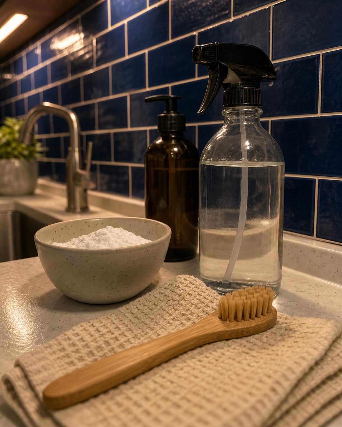A jar of baking soda and a small scrub brush on blue tile