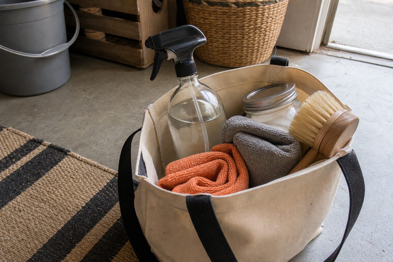A canvas tote holding fragrance-free cleaning supplies and cloths