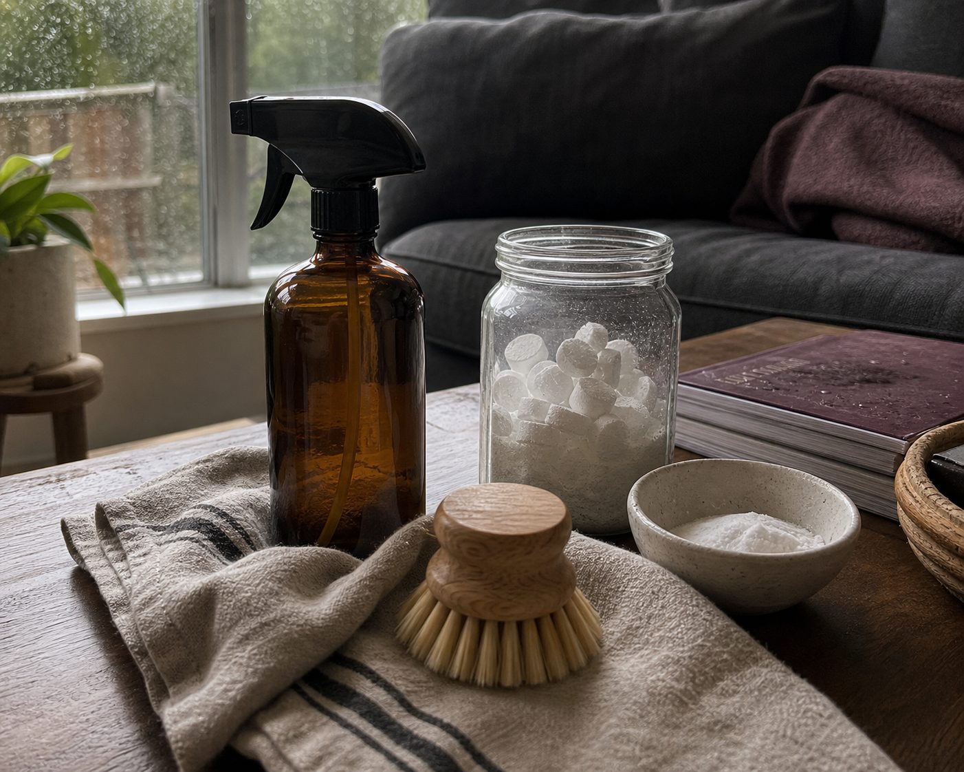 An amber glass spray bottle of cleaner and a folded cloth on a coffee table