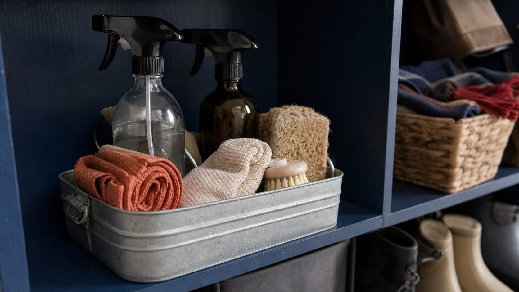 A cleaning caddy of fragrance-free supplies on a shelf